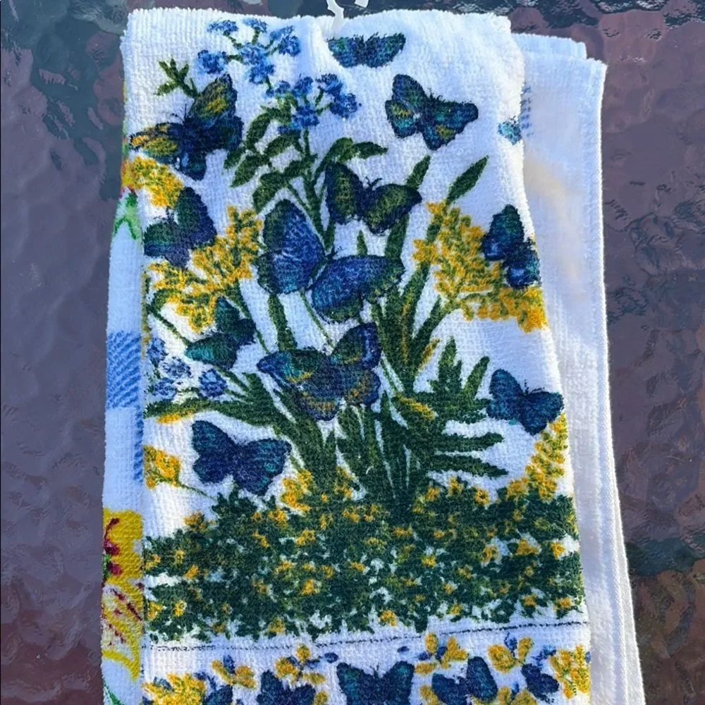 Flower Butterfly Kitchen Towels - White, Blue, Yellow